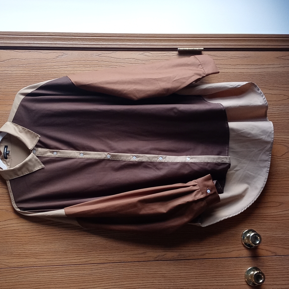 Fashion Nova, 1XL, neutral toned, color block, hi-low button down